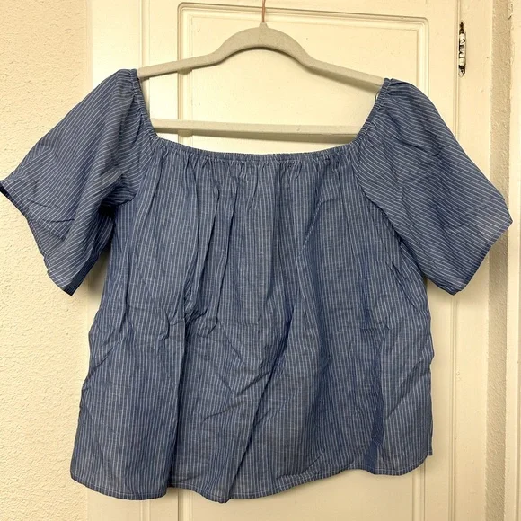 Express Peasant Linen Blend Top Smocked Style Stripes Size Medium Ruffle sleeves - Picture 2 of 8